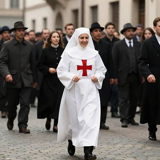 Nun Running Through Historic Cobblestone Street