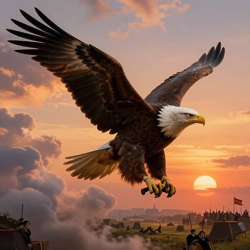 Photograph of a majestic bald eagle soaring above a battlefield at sunset, with smoke and soldiers in the background.