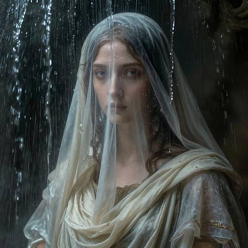 Photorealistic CGI of a young woman with pale skin and blue eyes, wearing a translucent veil and ancient-style, wet, white garment, standing in