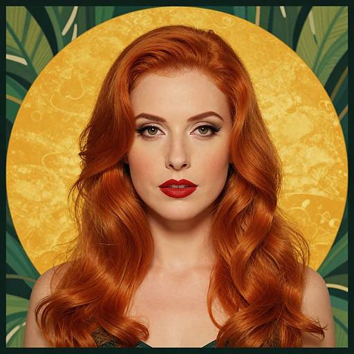 Photograph of a fair-skinned woman with vibrant red, wavy hair, red lipstick, and green eyes, centered against a yellow sunburst backdrop