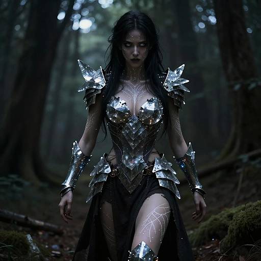Woman in Crystal Armor in Dark Forest