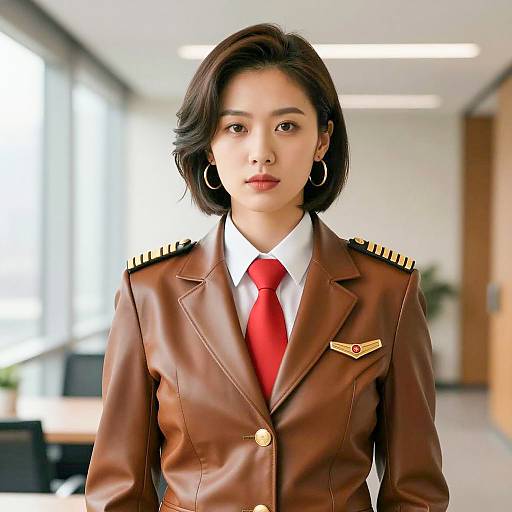 Confident Woman in Brown Leather Pilot Uniform