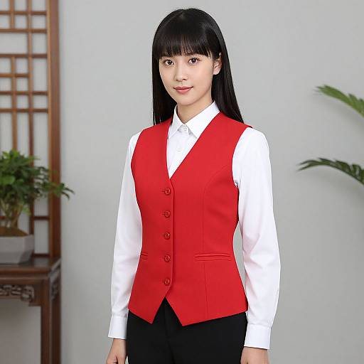 Photograph of an Asian woman with long black hair, wearing a white shirt, red vest, and black pants, standing in a minimalist room with a