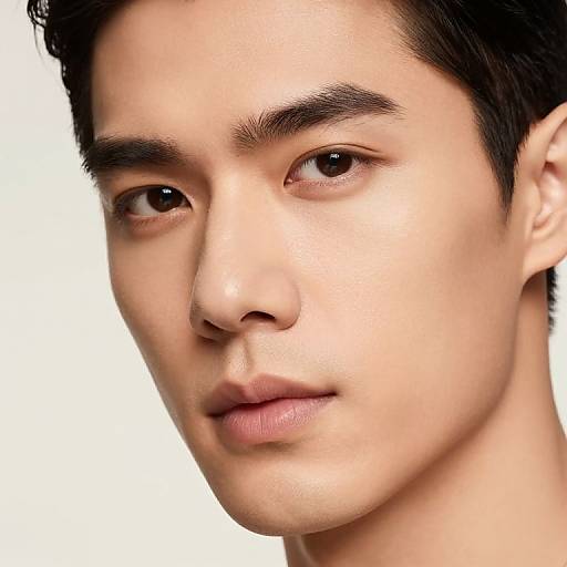 Close-up photograph of an East Asian man with fair skin, dark brown eyes, and short black hair, looking slightly to the left, against a plain