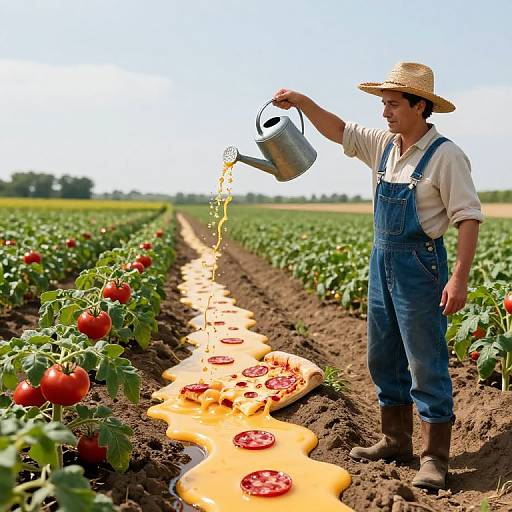 Photograph of a farmer in overalls, straw hat, watering tomato plants with glowing orange liquid, dotted with red tomato slices.