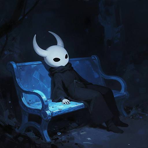 Hollow Knight Character Resting on Glowing Bench
