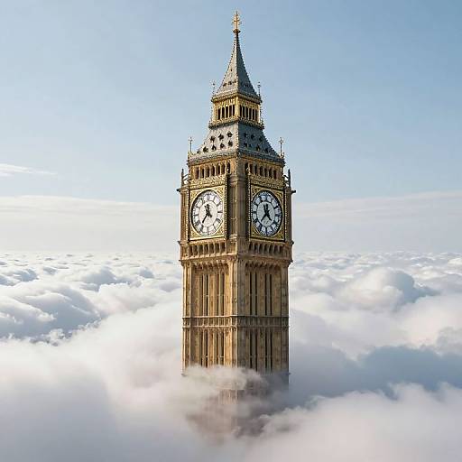 Photograph of Big Ben clock tower soaring above a sea of fluffy white clouds against a clear blue sky.