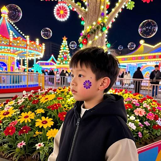 Photograph of an Asian boy with black hair, wearing a black and white jacket, face painted with a purple flower, surrounded by colorful flowers, glowing