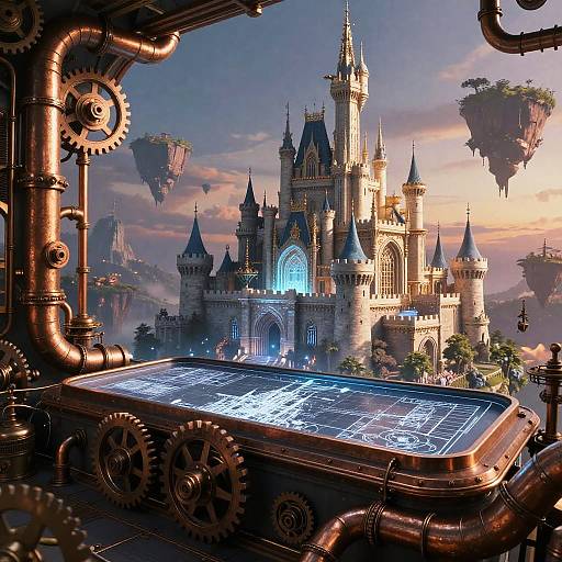 Steampunk-style digital artwork of a glowing, illuminated control panel in the foreground, with a majestic, illuminated castle and floating islands in the background at