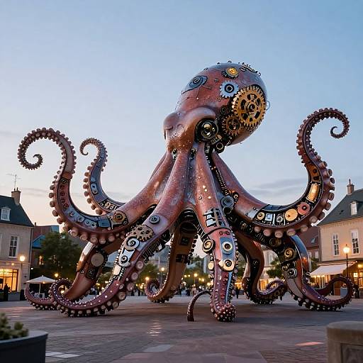Colossal Mechanical Octopus Over Town