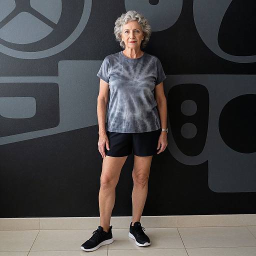 Photograph of an older woman with gray curly hair, wearing a gray tie-dye t-shirt, black shorts, and black sneakers, standing against a