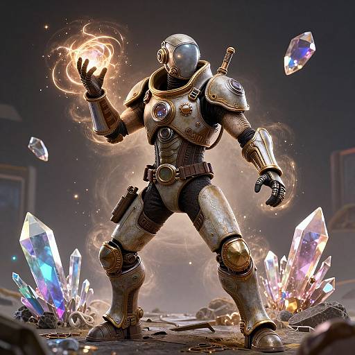 CGI image of a futuristic, armored robot wielding a glowing, magical orb, surrounded by colorful, floating crystals in a dimly lit, rocky environment