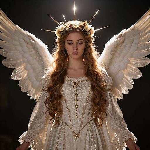 Photograph of a young woman with long brown hair, white angel wings, and a floral crown, wearing an ornate white lace dress, illuminated against