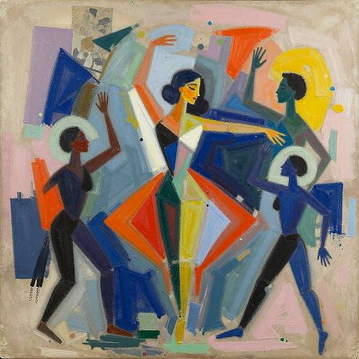 Abstract, vibrant painting of four dancing figures with bold colors, geometric shapes, and halo-like circles. Expressive, dynamic, and modern art style.