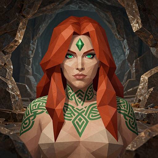 Digital art of a red-haired woman with green eyes, green geometric tattoos, and a green diamond forehead gem, set in a rocky cave.