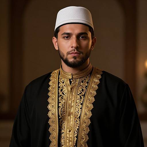 Photograph of a Middle Eastern man with dark beard, wearing a white cap, black robe with intricate gold embroidery, and serious expression, against a blurred
