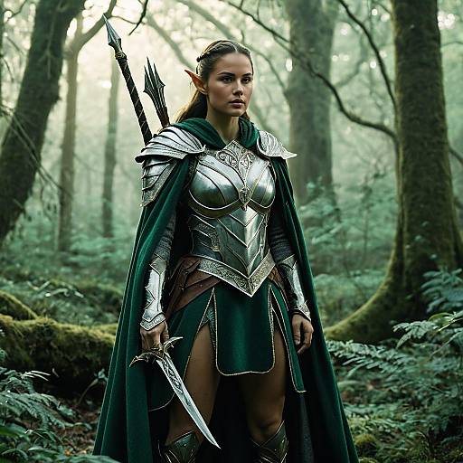 Elven Warrior in Silver Armor and Emerald Cloak