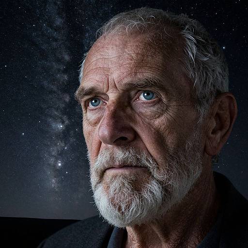 Photograph of an elderly man with white hair and beard, blue eyes, against a starry night sky, Milky Way visible.