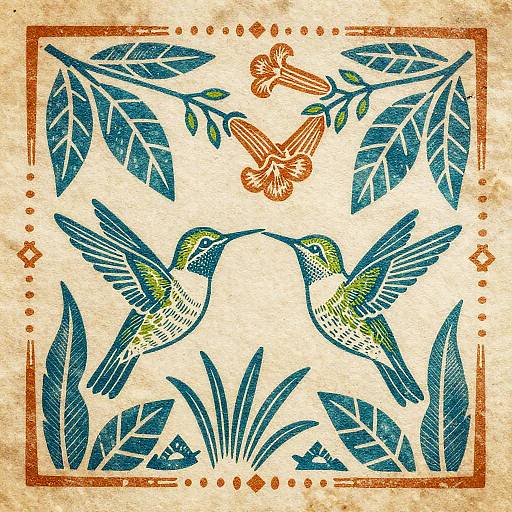 Woodcut Hummingbirds in Tropical Folklore