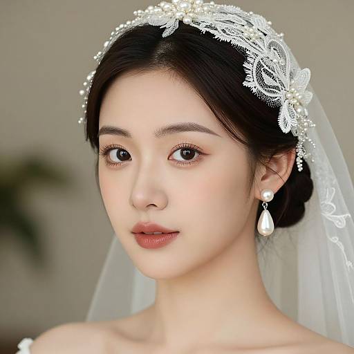 Photograph of an Asian bride with fair skin, dark hair in a bun, wearing a white lace veil, pearl earrings, and subtle makeup, looking