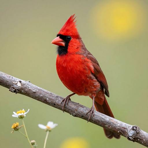 Photograph of a vibrant red male Northern Cardinal with black mask and crest, perched on a branch, against a soft green, blurred background with yellow