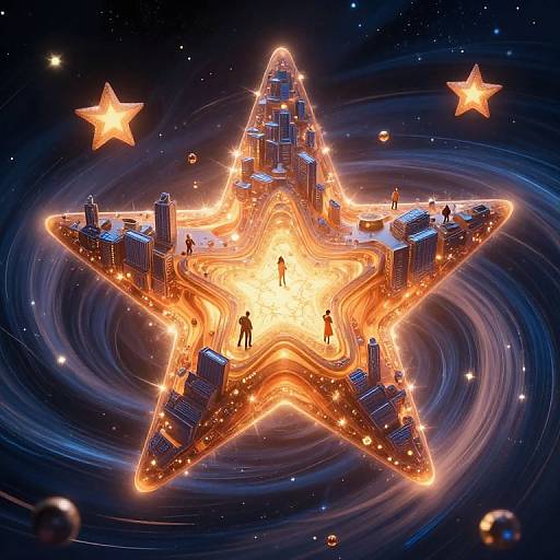 Digital artwork of a glowing, star-shaped cityscape in space, with illuminated skyscrapers, silhouetted figures, and two floating stars against