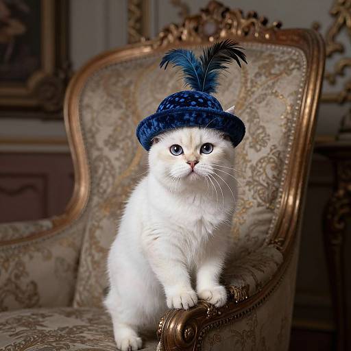 Photograph of a white kitten with blue eyes, wearing a blue velvet hat with a blue feather, sitting on an ornate, gold-framed,