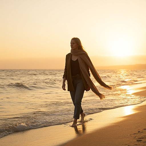 Photograph of a woman with long hair, wearing a scarf and black jacket, walking barefoot on a golden sunset beach.