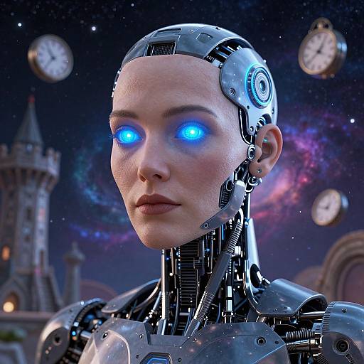 Futuristic Cyborg Amid Cosmic Fantasy