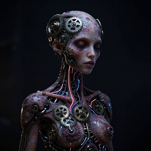 CGI image of a cybernetic woman with a bald head, exposed gears, and circuitry on her skin, against a dark background.