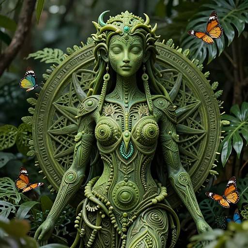 Photograph of a detailed, green, Hindu-style statue of a serene, topless goddess with intricate patterns, adorned with jewelry, surrounded by vibrant orange
