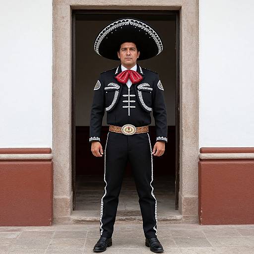 Photograph of a man in a black Spanish matador outfit with white trim, red bowtie, large hat, and ornate belt, standing in