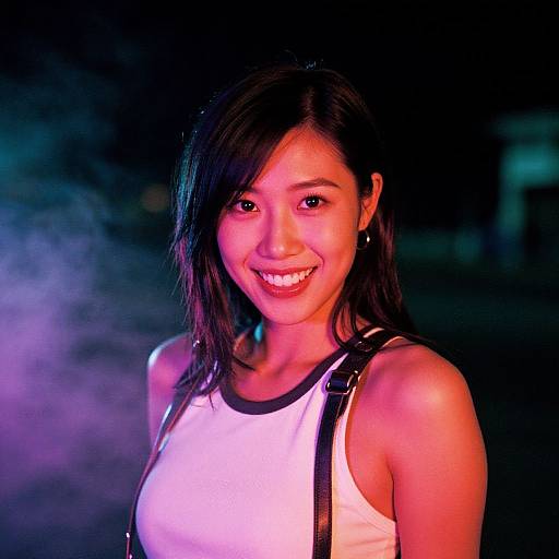 Photograph of a smiling Asian woman with straight black hair, wearing a white tank top and black straps, illuminated by vibrant pink and blue lights against a