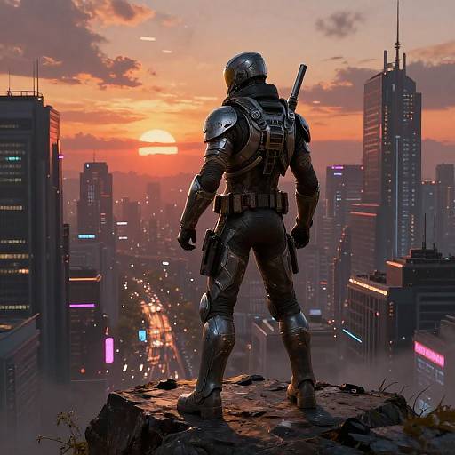 Muun Bounty Hunter Over Cyberpunk City