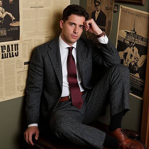 Photograph of a handsome man in a dark gray pinstripe suit, white shirt, burgundy tie, brown shoes, sitting against vintage posters.