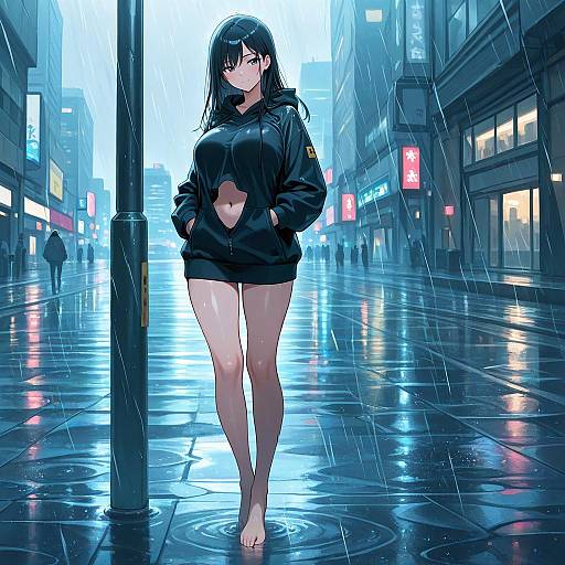 Rainy City Nude Hoodie, Barefoot Girl