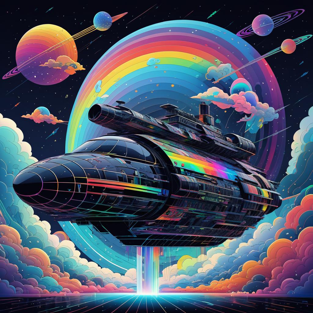 Whimsical Rainbow Spaceship in Cartoon Style