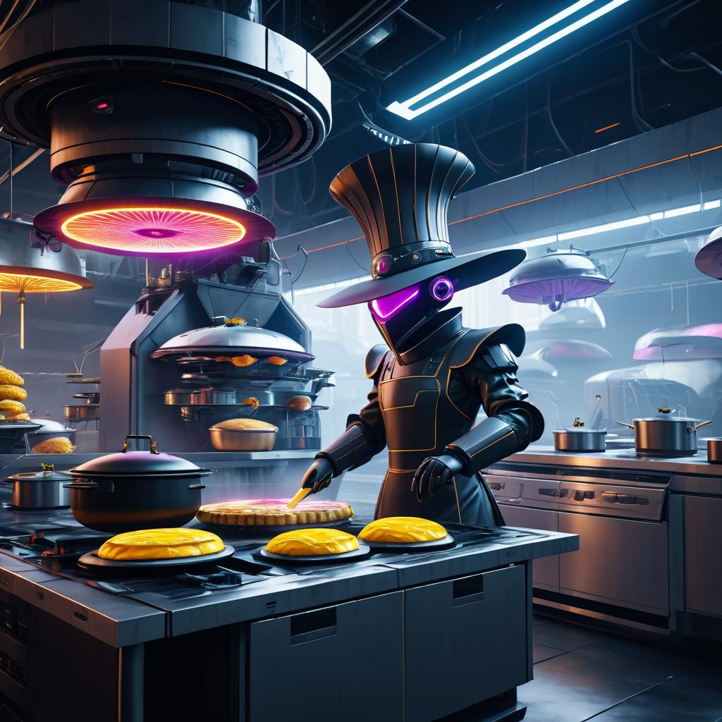 Dystopian Robotic Chef in Cyberpunk Style