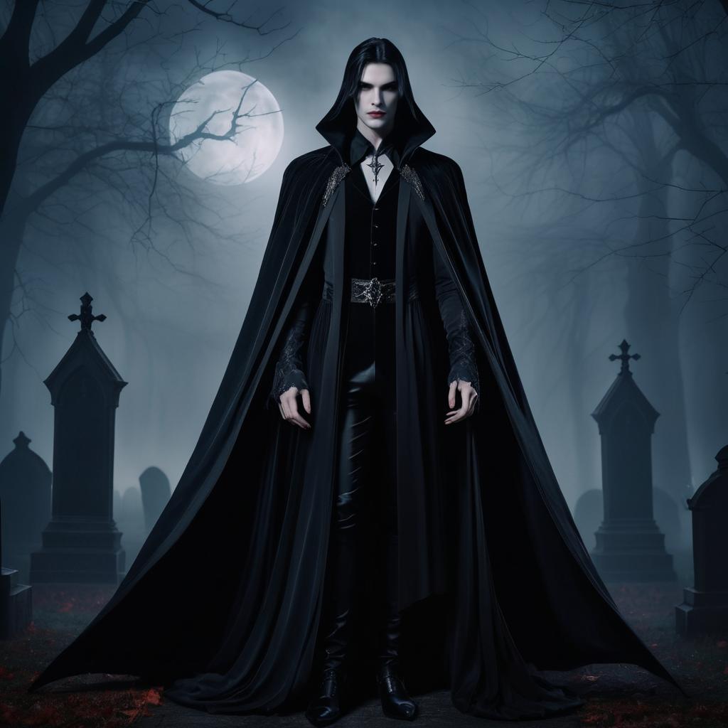 Gothic Vampire in Misty Graveyard