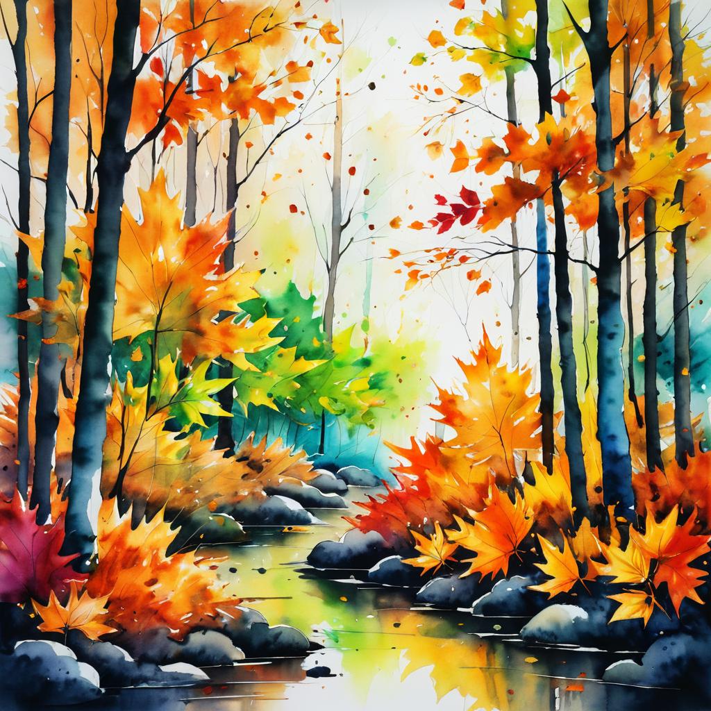 Vibrant Autumn Forest Ink Painting