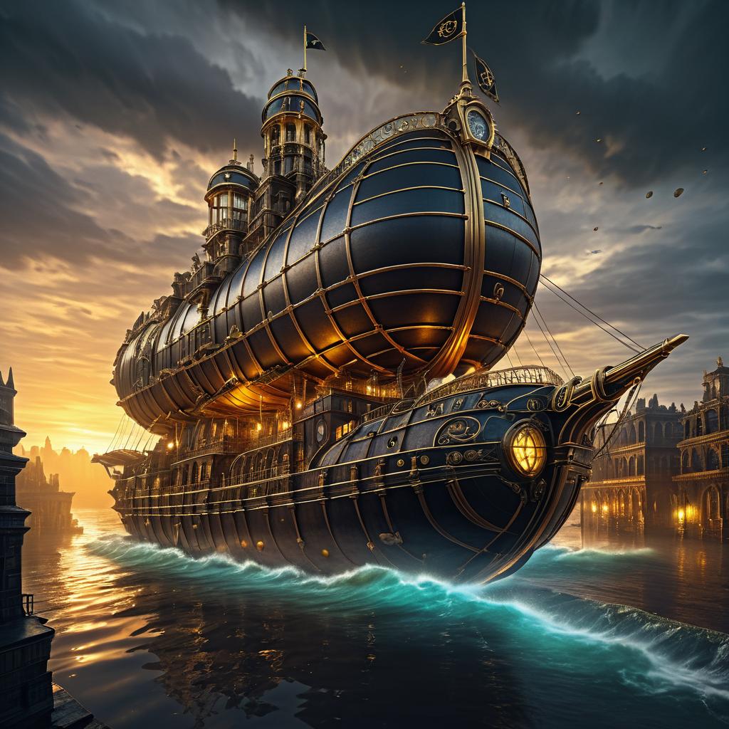 Steampunk Airship Over Flooded Cityscape