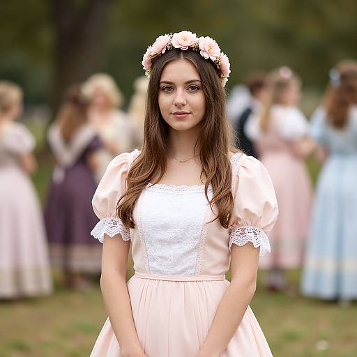 Photograph of a young woman with long brown hair, wearing a white lace dress and pink flower crown, standing in a blurred garden with other women in
