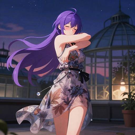 Purple-Haired Embrace in Twilight Greenhouse