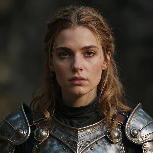 Photorealistic portrait of a serious, fair-skinned young woman with light brown hair in medieval silver armor, dark forest background.