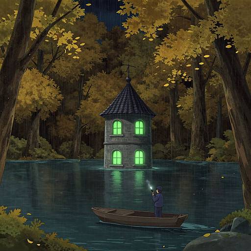 Digital painting of a nighttime forest scene with a glowing, green-lit stone tower in a serene lake, a person rowing a boat, surrounded by