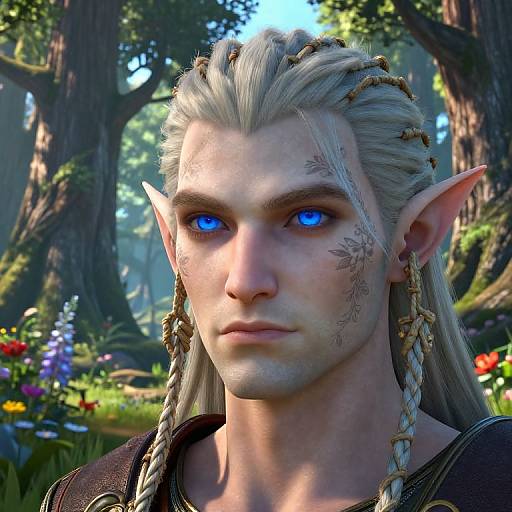 Digital art of a pale-skinned, silver-haired elf with glowing blue eyes, pointed ears, floral tattoos, braided hair, and forest background.