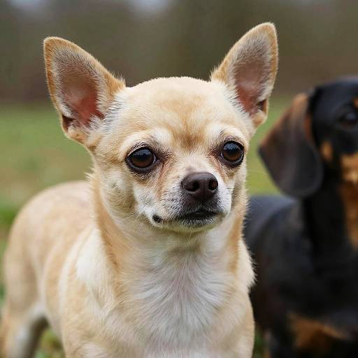 Photograph of a small, light beige Chihuahua with large, attentive ears and dark eyes, standing outdoors with a blurred black and brown dog