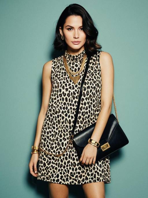 Woman in Leopard Print Dress with Gold Accessories