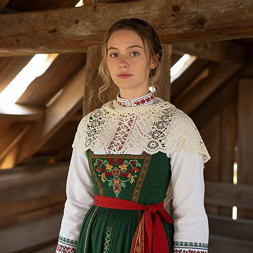 Photograph of a young woman in traditional European folk dress with lace collar, green bodice, white blouse, and red sash, standing in a