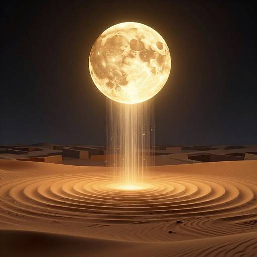 Photorealistic CGI: Glowing full moon descends, sunlight beams radiating, casting circular ripples on desert sand, dark night sky background.